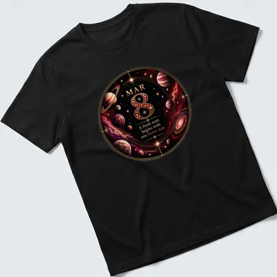 Cosmic-themed t-shirt with planets and galaxies surrounding inspirational text — printed on a unisex t-shirt