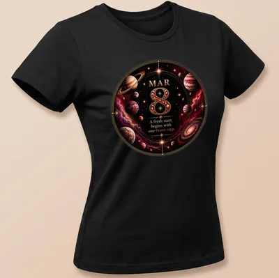 Cosmic-themed t-shirt with planets and galaxies surrounding inspirational text — printed on a women's shirt