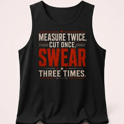 Vintage distressed shirt featuring tools with humorous carpentry text — printed on a tank top