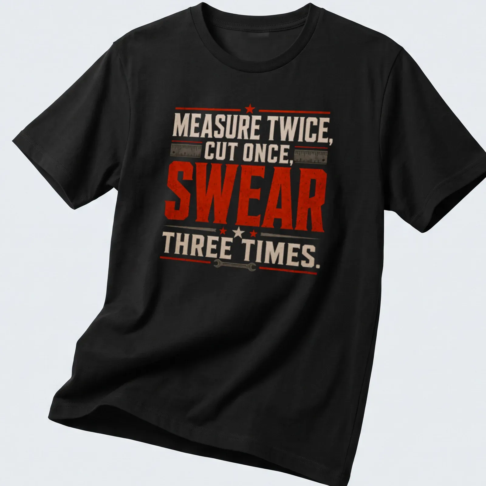 Vintage distressed shirt featuring tools with humorous carpentry text — printed on a unisex t-shirt
