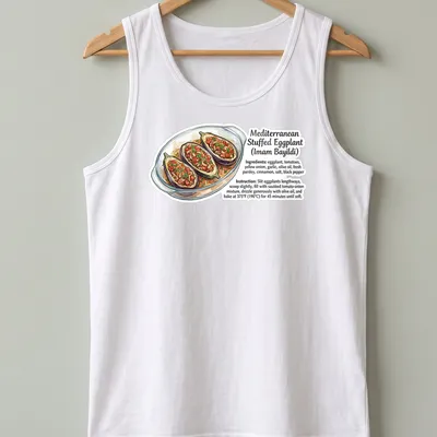 Illustrative print of Mediterranean stuffed eggplant with vibrant colors — printed on a tank top
