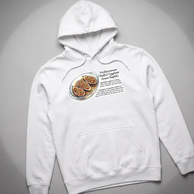 Illustrative print of Mediterranean stuffed eggplant with vibrant colors — printed on a unisex hoodie
