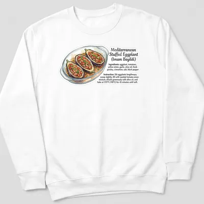 Illustrative print of Mediterranean stuffed eggplant with vibrant colors — printed on a unisex sweatshirt