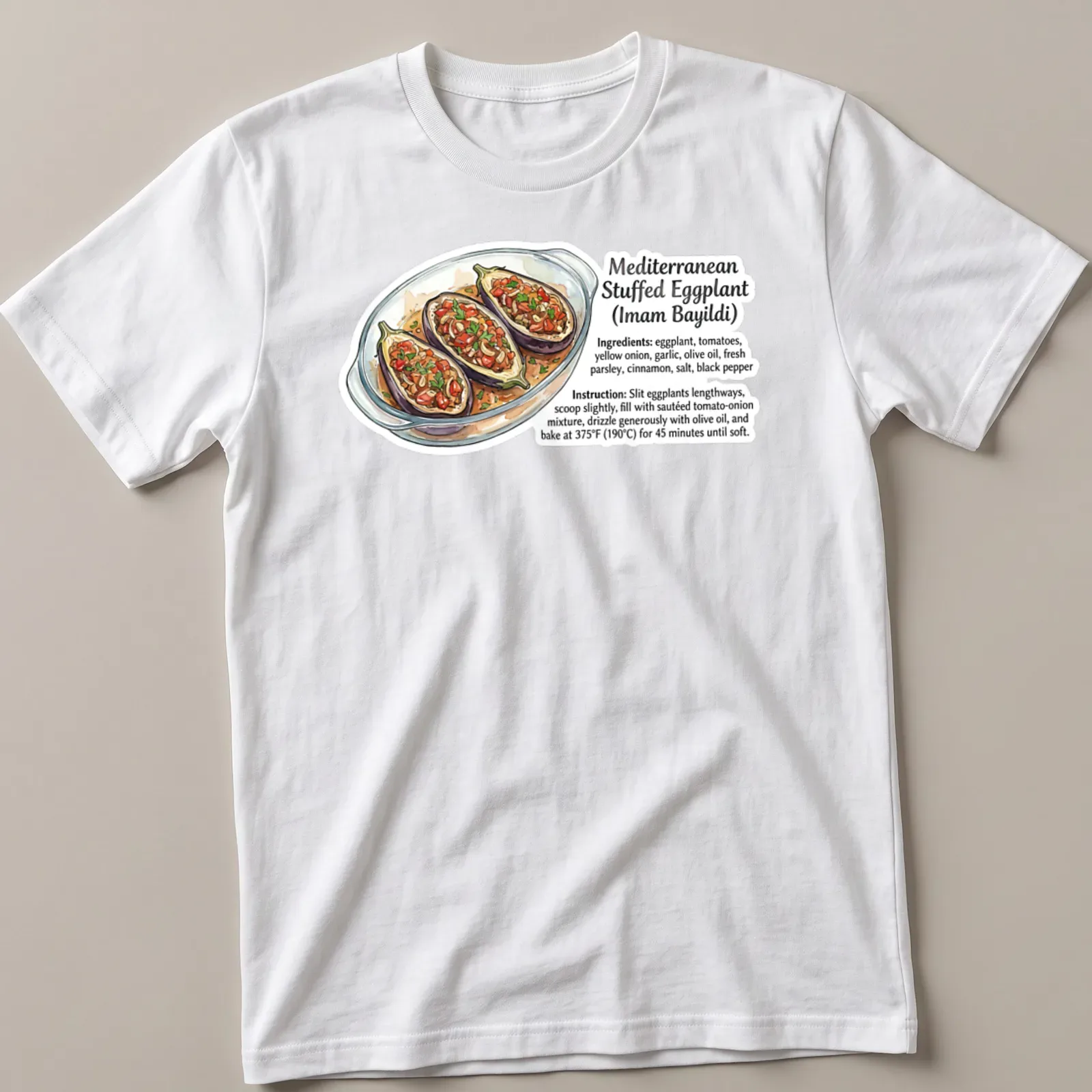 Illustrative print of Mediterranean stuffed eggplant with vibrant colors — printed on a unisex t-shirt