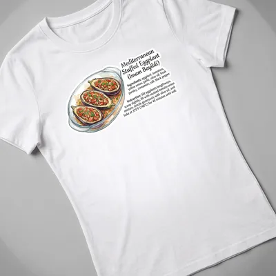 Illustrative print of Mediterranean stuffed eggplant with vibrant colors — printed on a women's shirt