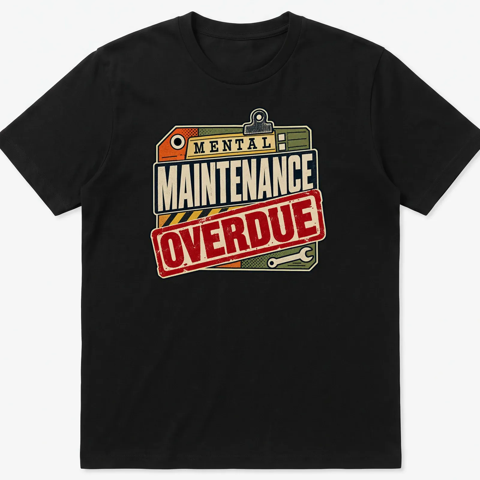 Vintage style t-shirt featuring humorous mental maintenance label in retro colors — printed on a unisex t-shirt