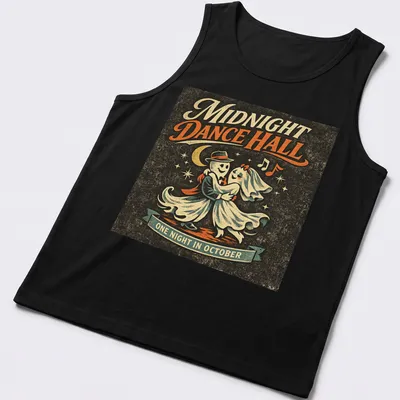 Retro vintage t-shirt featuring dancing ghosts with Halloween colors — printed on a tank top