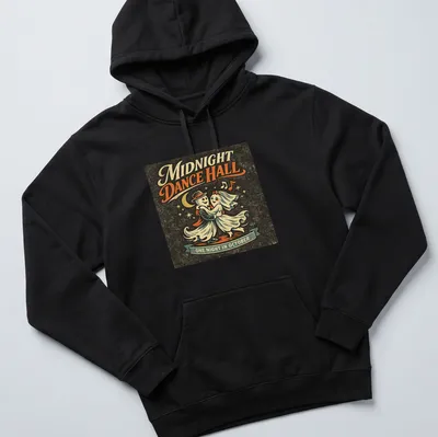 Retro vintage t-shirt featuring dancing ghosts with Halloween colors — printed on a unisex hoodie