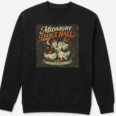 Retro vintage t-shirt featuring dancing ghosts with Halloween colors — printed on a unisex sweatshirt
