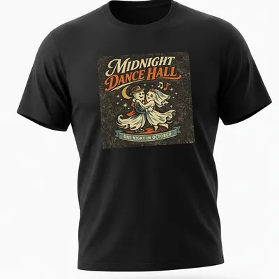 Retro vintage t-shirt featuring dancing ghosts with Halloween colors — printed on a unisex t-shirt