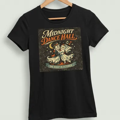 Retro vintage t-shirt featuring dancing ghosts with Halloween colors — printed on a women's shirt
