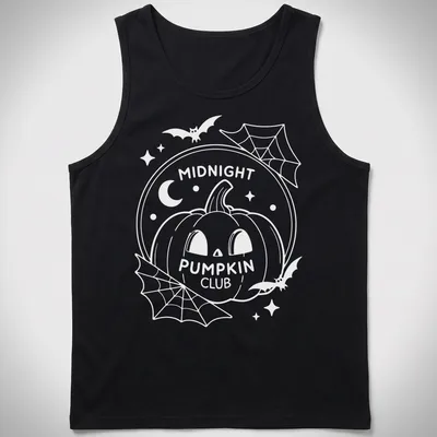 Vintage style t-shirt with a pumpkin and Midnight Pumpkin Club text in black, orange, and white — printed on a tank top