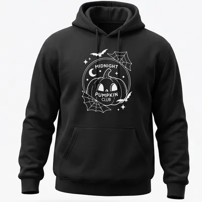 Vintage style t-shirt with a pumpkin and Midnight Pumpkin Club text in black, orange, and white — printed on a unisex hoodie