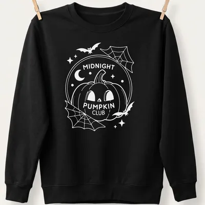 Vintage style t-shirt with a pumpkin and Midnight Pumpkin Club text in black, orange, and white — printed on a unisex sweatshirt