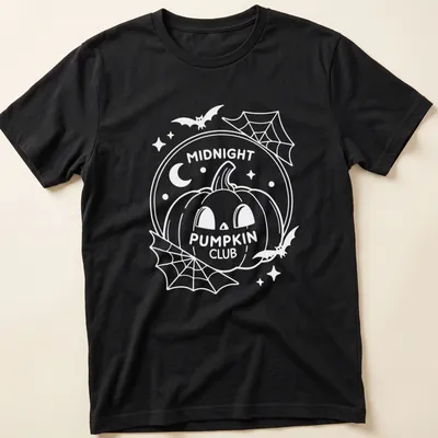 Vintage style t-shirt with a pumpkin and Midnight Pumpkin Club text in black, orange, and white — printed on a unisex t-shirt