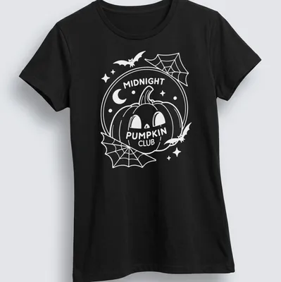 Vintage style t-shirt with a pumpkin and Midnight Pumpkin Club text in black, orange, and white — printed on a women's shirt