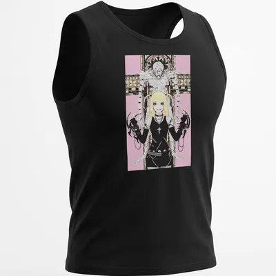 Illustration of Misa Amane from Deathnote in anime style with pink and black colors — printed on a tank top