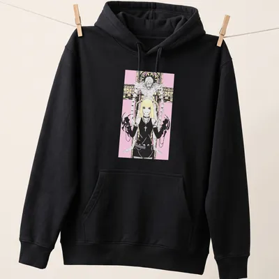 Illustration of Misa Amane from Deathnote in anime style with pink and black colors — printed on a unisex hoodie