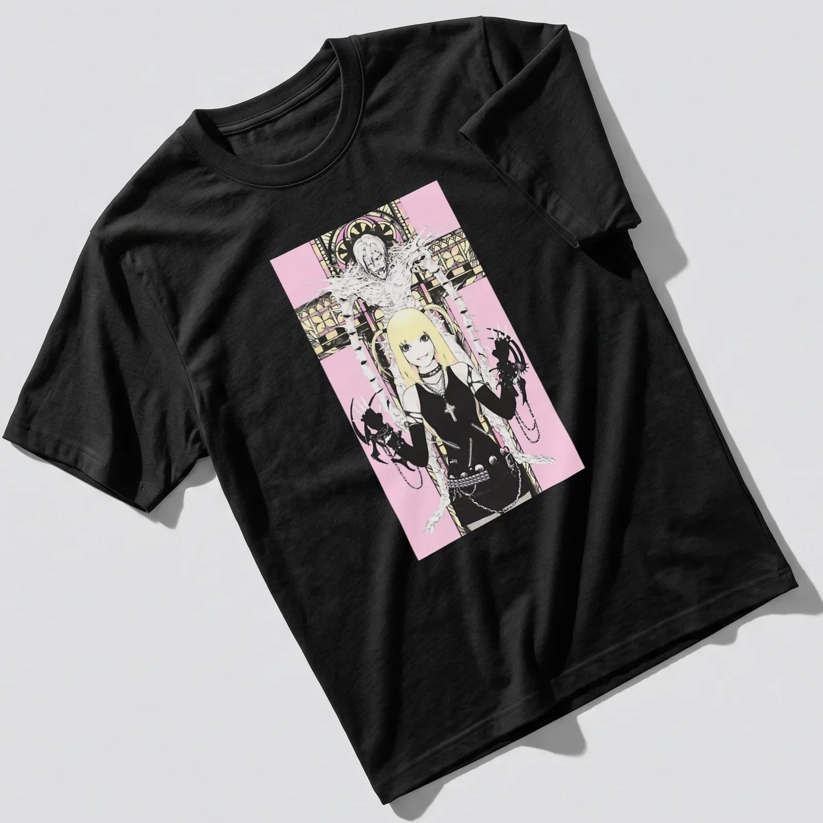 Illustration of Misa Amane from Deathnote in anime style with pink and black colors — printed on a unisex t-shirt