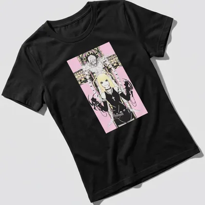 Illustration of Misa Amane from Deathnote in anime style with pink and black colors — printed on a women's shirt