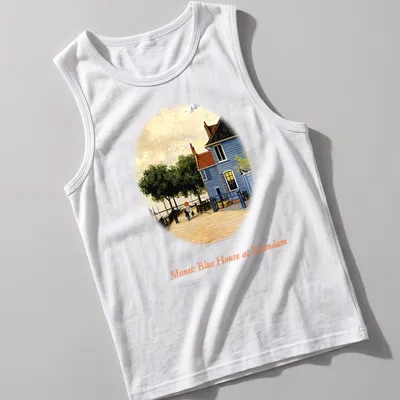 Impressionist print of a blue house by a riverside in vibrant colors — printed on a tank top