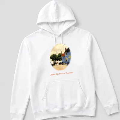 Impressionist print of a blue house by a riverside in vibrant colors — printed on a unisex hoodie
