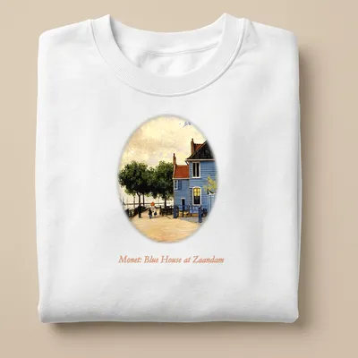 Impressionist print of a blue house by a riverside in vibrant colors — printed on a unisex sweatshirt