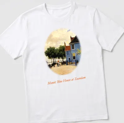 Impressionist print of a blue house by a riverside in vibrant colors — printed on a unisex t-shirt
