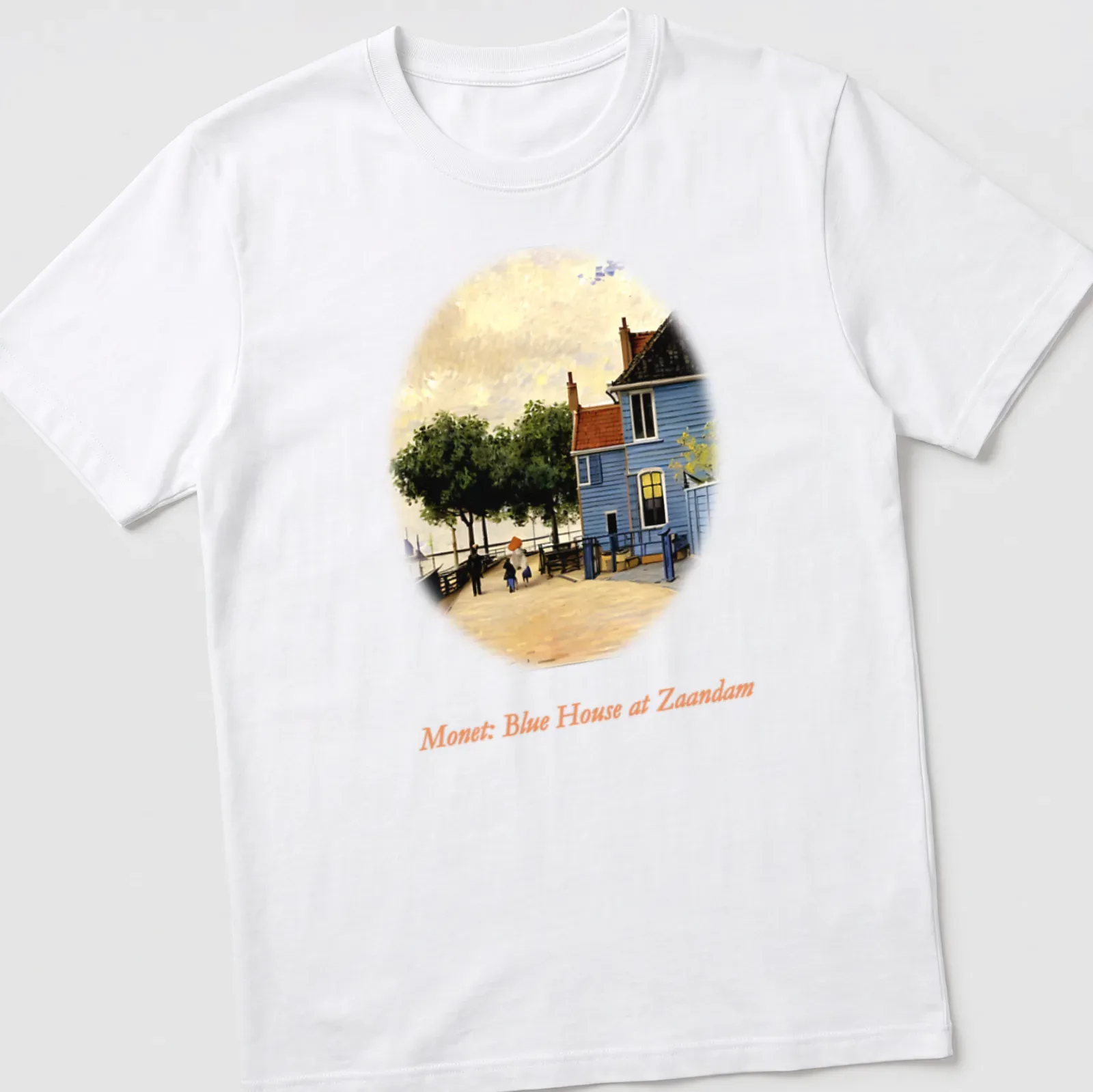 Impressionist print of a blue house by a riverside in vibrant colors — printed on a unisex t-shirt