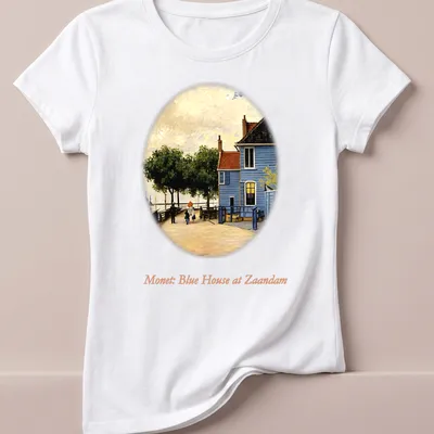 Impressionist print of a blue house by a riverside in vibrant colors — printed on a women's shirt
