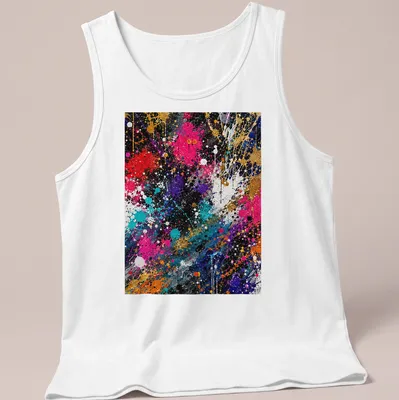 Colorful splatter art T-shirt in black, gold, pink, red, blue, and white — printed on a tank top