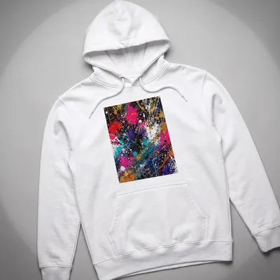 Colorful splatter art T-shirt in black, gold, pink, red, blue, and white — printed on a unisex hoodie