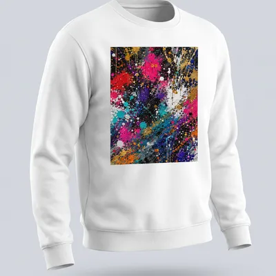 Colorful splatter art T-shirt in black, gold, pink, red, blue, and white — printed on a unisex sweatshirt