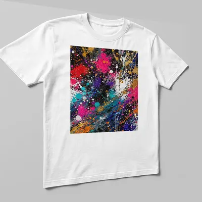 Colorful splatter art T-shirt in black, gold, pink, red, blue, and white — printed on a unisex t-shirt (angled view)