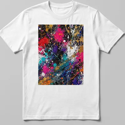 Colorful splatter art T-shirt in black, gold, pink, red, blue, and white