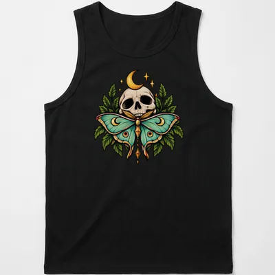 Gothic botanical print of a skull and moth with Moon Moth text in green and gold — printed on a tank top