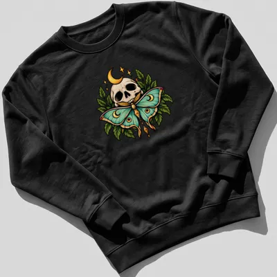Gothic botanical print of a skull and moth with Moon Moth text in green and gold — printed on a unisex sweatshirt