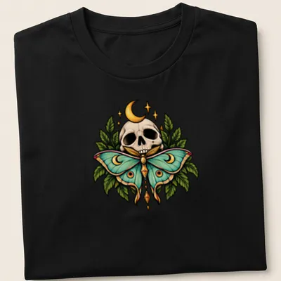 Gothic botanical print of a skull and moth with Moon Moth text in green and gold — printed on a unisex t-shirt
