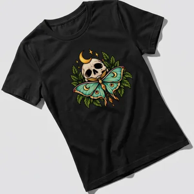 Gothic botanical print of a skull and moth with Moon Moth text in green and gold — printed on a women's shirt