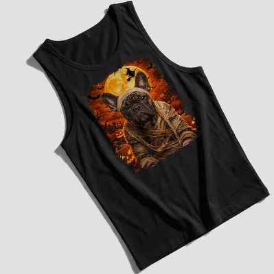 Realistic print of a Mummy French Bulldog in Halloween colors orange and black — printed on a tank top