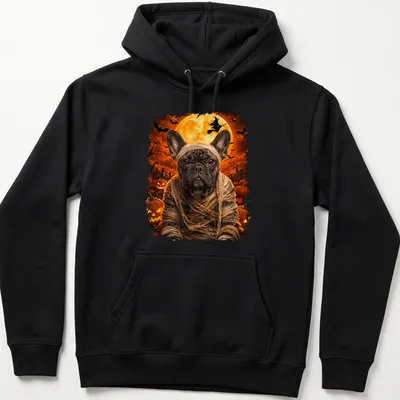 Realistic print of a Mummy French Bulldog in Halloween colors orange and black — printed on a unisex hoodie