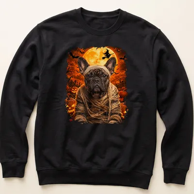 Realistic print of a Mummy French Bulldog in Halloween colors orange and black — printed on a unisex sweatshirt