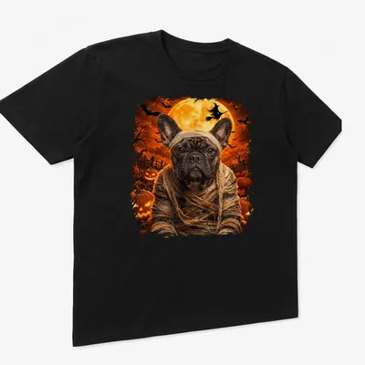 Realistic print of a Mummy French Bulldog in Halloween colors orange and black — printed on a unisex t-shirt (angled view)