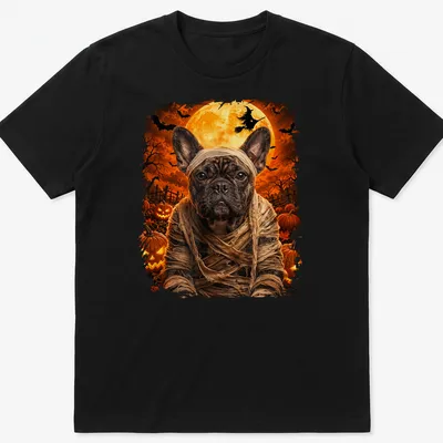 Realistic print of a Mummy French Bulldog in Halloween colors orange and black