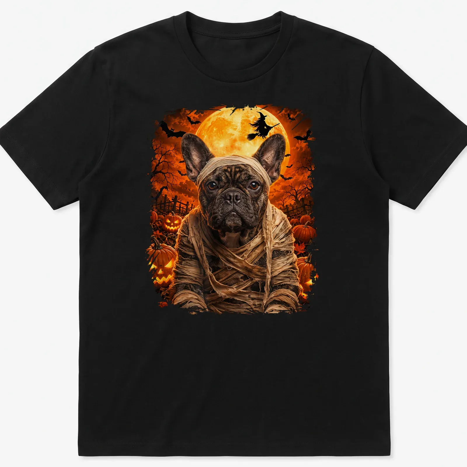 Realistic print of a Mummy French Bulldog in Halloween colors orange and black — printed on a unisex t-shirt