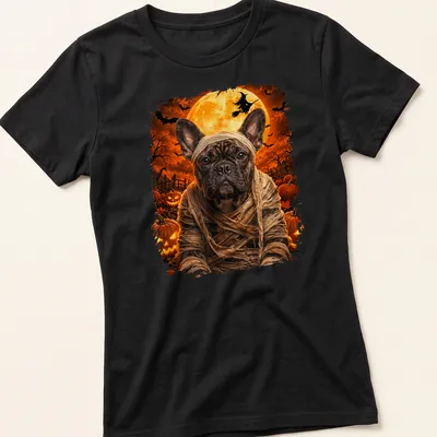 Realistic print of a Mummy French Bulldog in Halloween colors orange and black — printed on a women's shirt