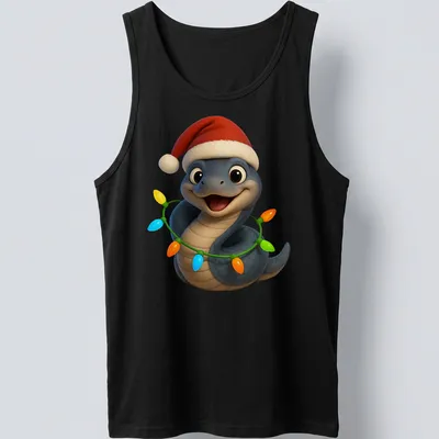 Cartoon Mussurana snake in a Santa hat wrapped in colorful Christmas lights. — printed on a tank top