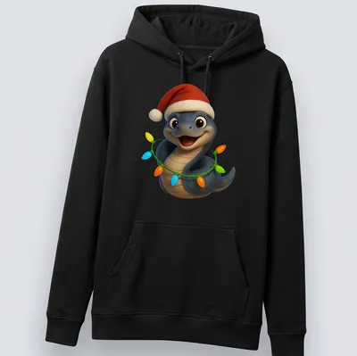 Cartoon Mussurana snake in a Santa hat wrapped in colorful Christmas lights. — printed on a unisex hoodie