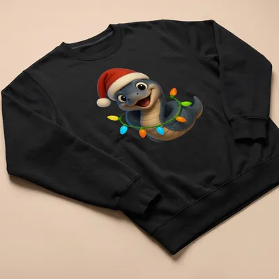 Cartoon Mussurana snake in a Santa hat wrapped in colorful Christmas lights. — printed on a unisex sweatshirt