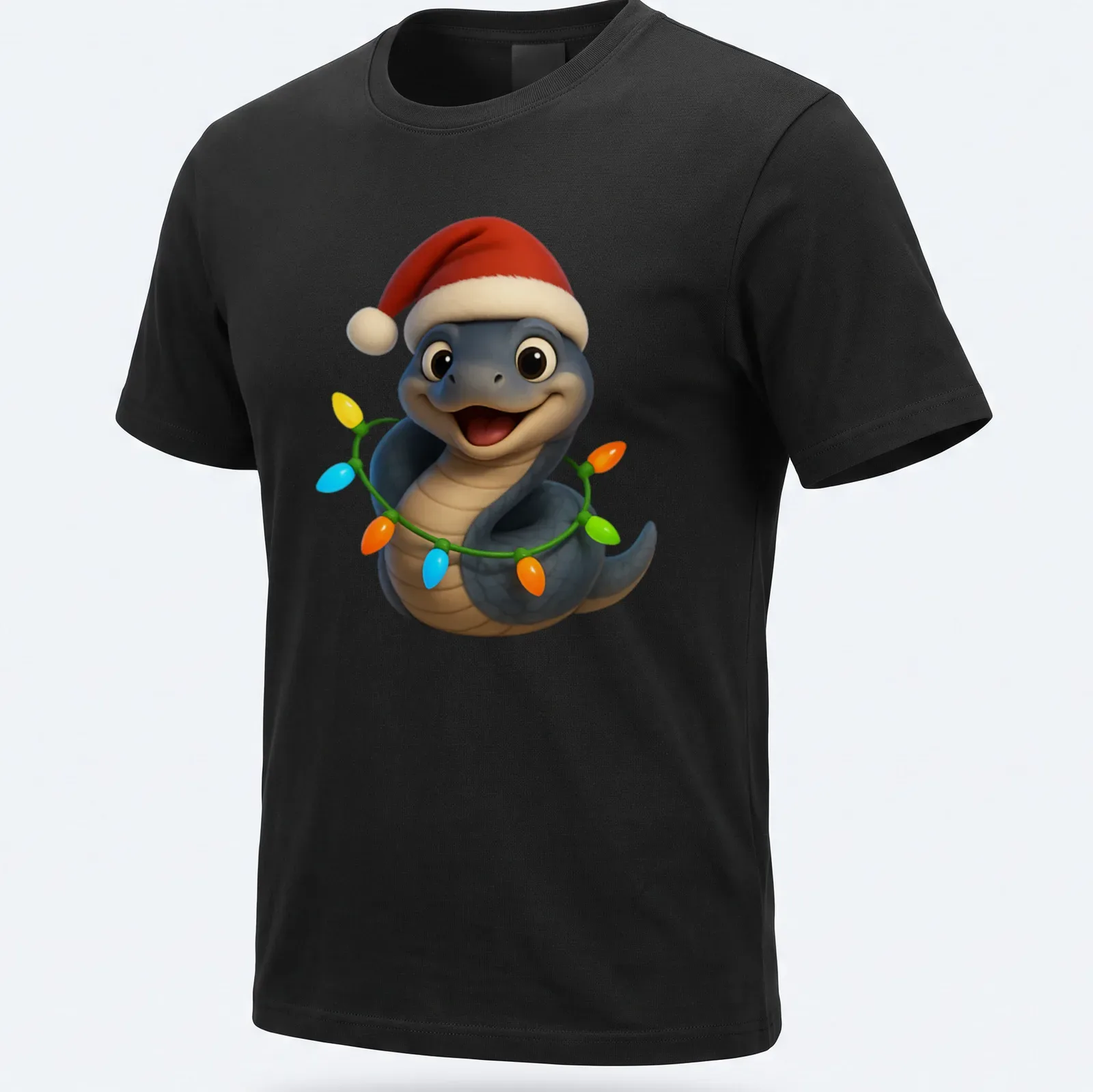 Cartoon Mussurana snake in a Santa hat wrapped in colorful Christmas lights. — printed on a unisex t-shirt